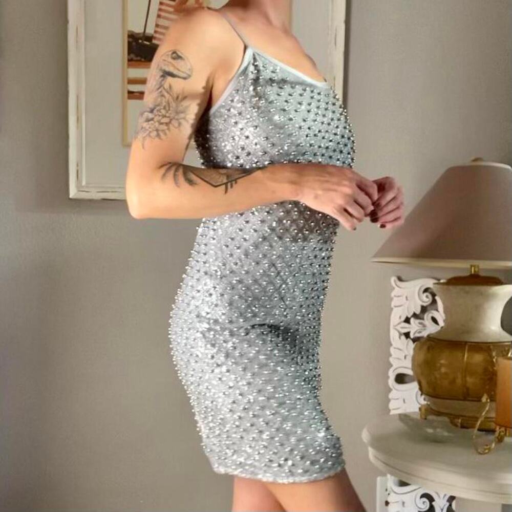 New Lascana Sparkly Glitter Embellished Beaded Sparkle Silver Bodycon Mini Dress - Picture 4 of 6